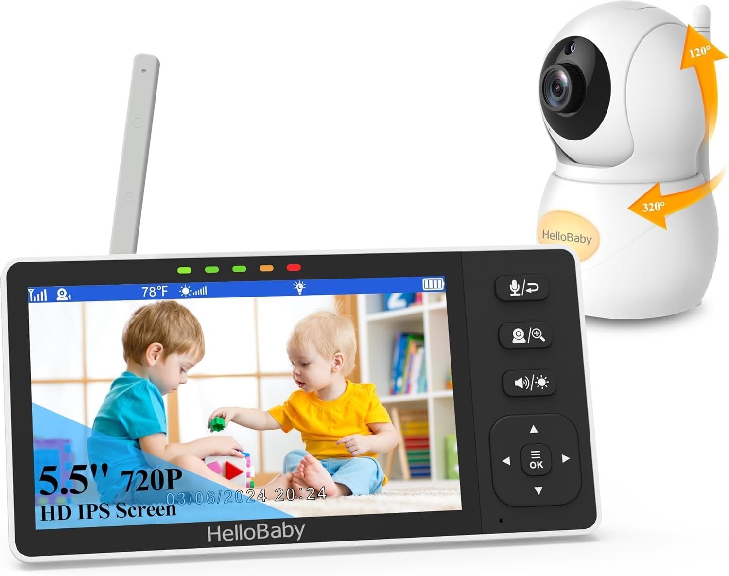 HelloBaby Babyphone Caméra, 5,5'' Écran IPS Divisé, Babyphone Camera sans WiFi