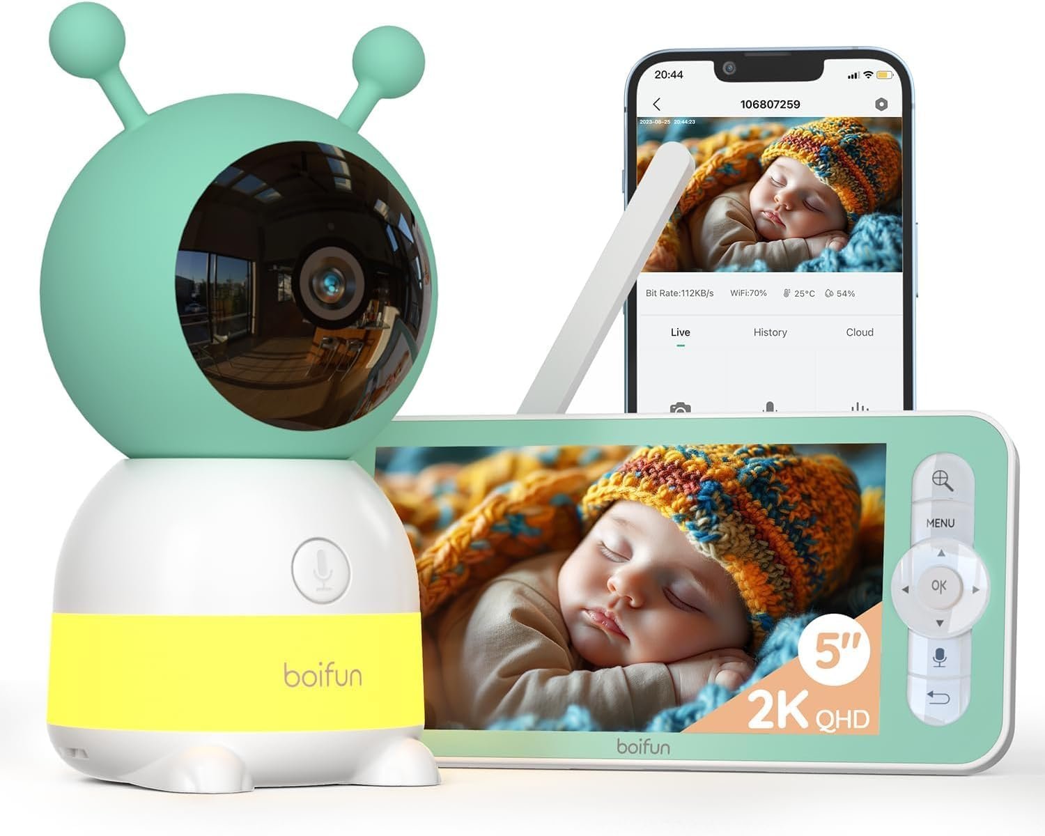 Babysense Moniteur HD Vidéo pour Bébé - Babyphone avec Écran Divisé 5“ et 2 Caméras 720p