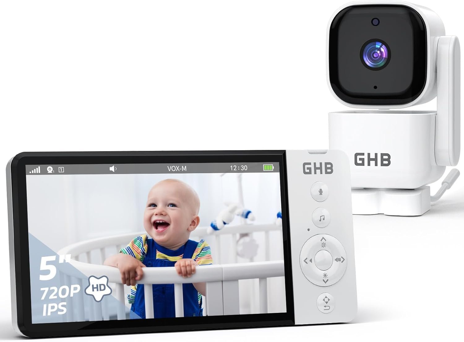 GHB Babyphone Caméra 5 pouces, Caméra Bébé Surveillance Rotation 350°