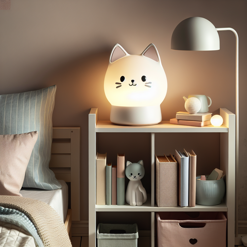 Veilleuse chat posée sur une table de nuit, éclairant la chambre d'un enfant