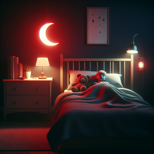 Enfant endormi dans un environnement apaisé, baigné par une lumière rouge tamisée