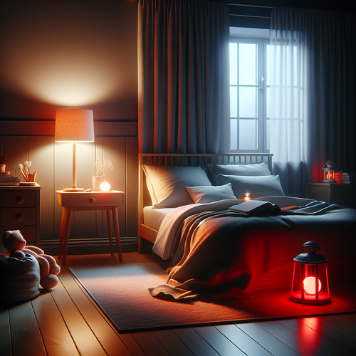 Une veilleuse lumière rouge posée sur une table de chevet, diffusant une lueur apaisante dans la chambre