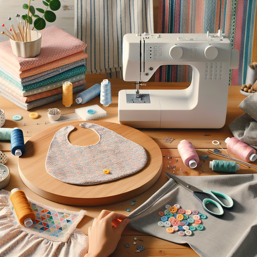 Bavoir bébé réalisé à la main et coloré, posé sur une table d'atelier couture.