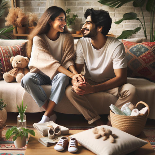 Photo couple enceinte qui partage un moment tendre dans une lumière naturelle.