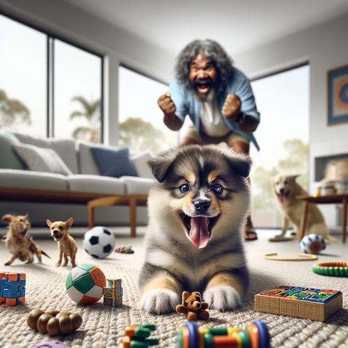 Chiot pomsky explorant un salon lumineux, idéal pour l'environnement urbain - pomsky-environnement.jpg