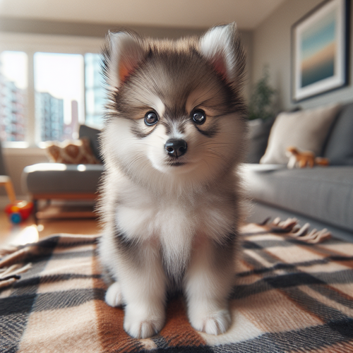 Un adorable bébé Pomsky allongé sur une couverture, regard azur captivant - pomsky-origine.jpg