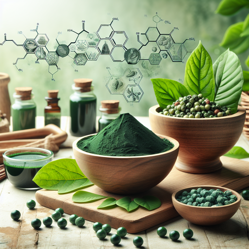 Spiruline en poudre et comprimés sur une table, lumière naturelle