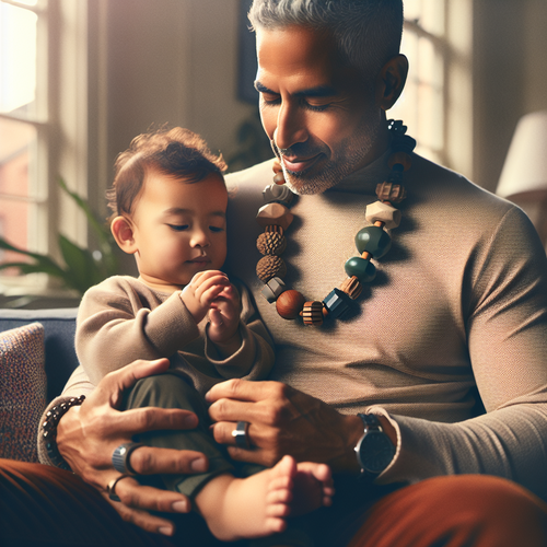 Bébé tenant un collier d’allaitement coloré pendant la tétée