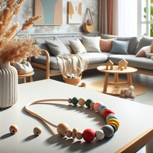 Collier d’allaitement en silicone et bois naturel posé sur un pull élégant