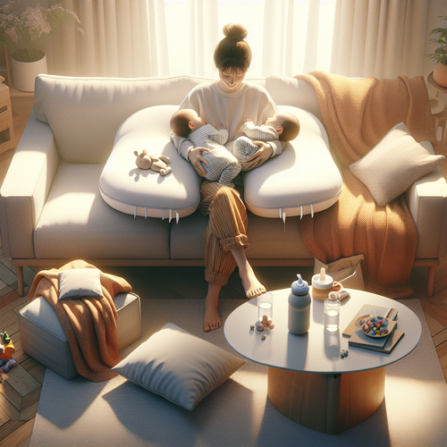 Maman qui allaite des jumeaux avec un coussin d’allaitement double