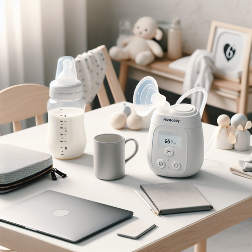 Un tire-lait portable moderne Momcozy M6 posé sur une table épurée, à côté d’un ordinateur portable, d’un mug et d’un sac à langer discret. L’ambiance est douce, lumineuse et ordonnée, évoquant le quotidien d’un parent actif, avec en arrière-plan quelques jouets d’enfant et des objets du quotidien, soulignant la praticité et la modernité de l’appareil.