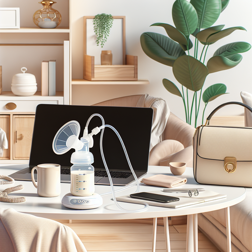 Tire-lait portable Momcozy M9 posé sur une table à côté d’un ordinateur portable, sac à main et tasse de café dans un cadre familial et moderne.