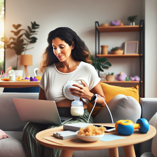 Une scène lumineuse et chaleureuse d'un coin salon moderne, où une personne utilise discrètement un tire-lait sans fil Momcozy V1 Pro, inséré dans un soutien-gorge d'allaitement.