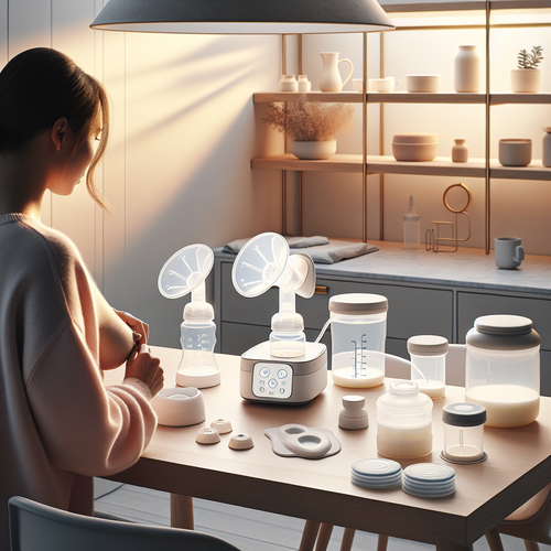 Intérieur lumineux – utilisation discrète du tire-lait BabyHaven Double Sans Fil avec ses accessoires sur une table