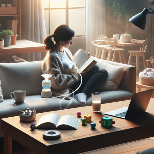 Une scène paisible dans un salon lumineux montrant une personne utilisant le Lansinoh Tire-Lait Mains Libres avec discrétion sous un pull ample, entourée d'un environnement familial authentique.