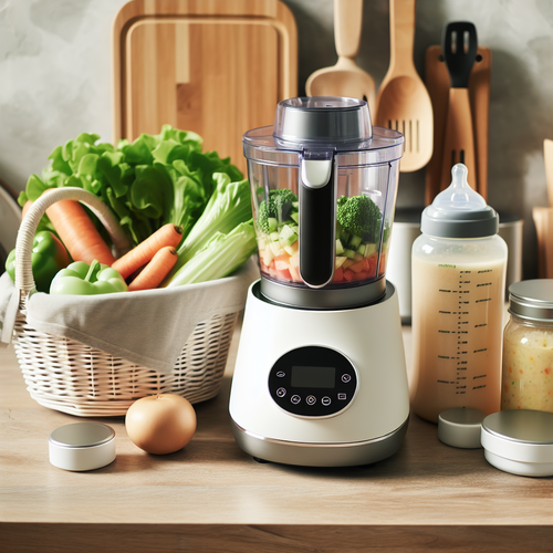 Un plan de travail de cuisine moderne avec un robot cuiseur-mixeur compact et élégant posé à côté d'un panier de légumes frais