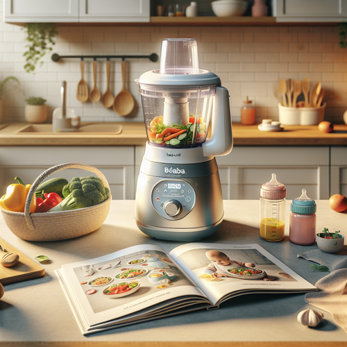 Robot culinaire Béaba Babycook Original posé sur un plan de travail avec des légumes frais et livre de recettes