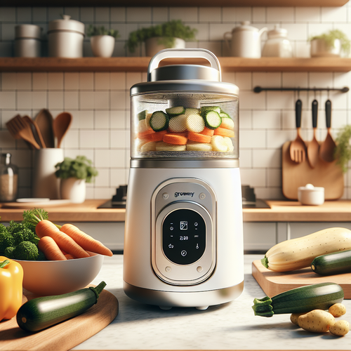 Un plan de cuisine lumineux, robot cuiseur bébé compact GROWNSY entouré de légumes frais, ambiance familiale et pratique