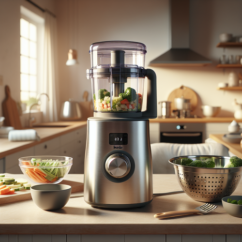 Un robot culinaire pour bébé élégant, bol en verre et panier vapeur inox, dans une cuisine moderne lumineuse