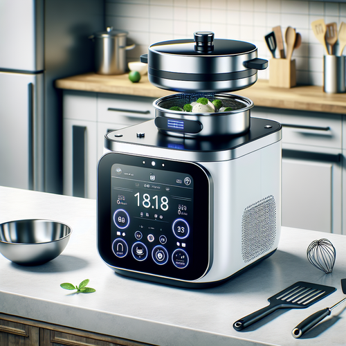 Un robot cuiseur multifonctions moderne posé sur un plan de travail bien éclairé, affichant un design compact et épuré avec un grand écran tactile coloré. Des accessoires de cuisine comme un bol en inox, un fouet, une spatule et une balance intégrée sont disposés autour. L’ambiance est conviviale et contemporaine, la cuisine est propre et ordonnée, illustrant la facilité de prise en main et l’aspect innovant du robot.