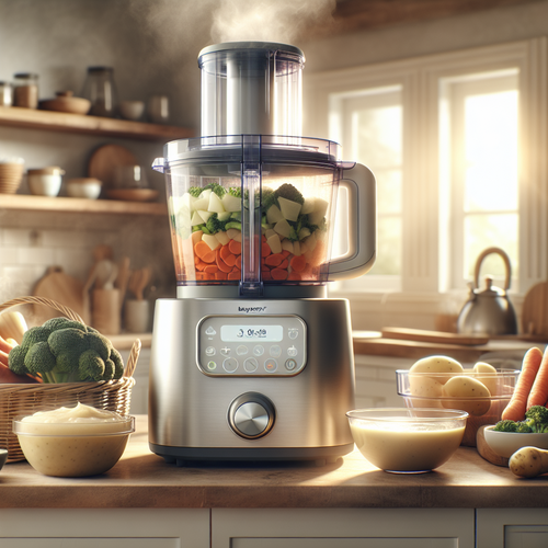 Babymoov Nutribaby(+) XL trônant dans une cuisine familiale avec paniers vapeur et purées, ambiance conviviale et organisée