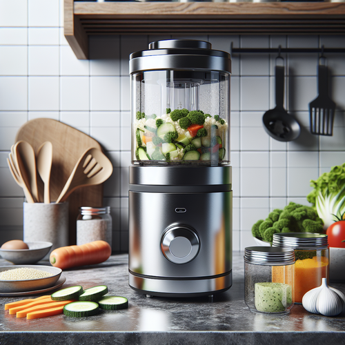 Vue d'une cuisine moderne avec un plan de travail sur lequel est posé un robot cuiseur pour bébé Babymoov Nutribaby Glass, au design élégant en verre et inox. À côté du robot, on voit des légumes coupés, des petits pots, et quelques accessoires de cuisine, le tout dans une ambiance lumineuse et organisée, illustrant la préparation saine et pratique des repas pour bébé.