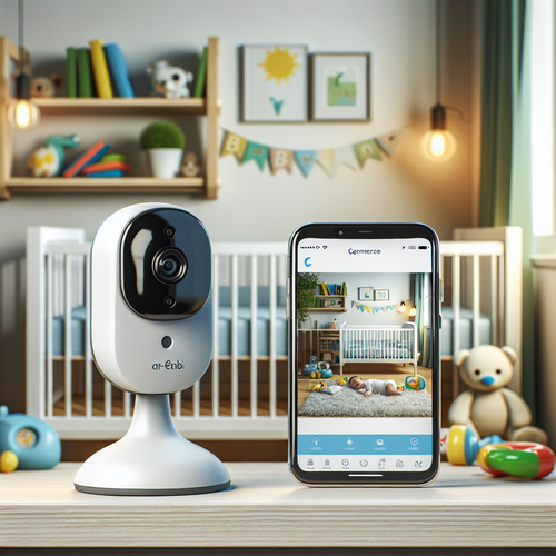 Un babyphone AR-ENTI posé sur une étagère dans une chambre d’enfant paisible, la caméra orientée vers un berceau, entouré de jouets et de livres colorés.