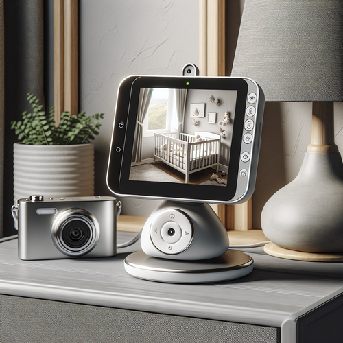 Un babyphone moderne avec un large écran couleur de 5 pouces posé sur une table de chevet, affichant une image nette d’une chambre d’enfant calme et bien rangée. À côté, une caméra compacte discrètement installée sur une étagère, le tout dans une ambiance douce et rassurante. Pas de personnes visibles, juste une atmosphère paisible mettant en avant la simplicité et l’ergonomie du dispositif.