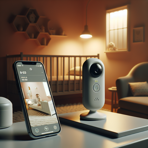 Une chambre d'enfant moderne avec des couleurs douces, un babyphone Philips Avent posé discrètement sur une étagère, lumière tamisée