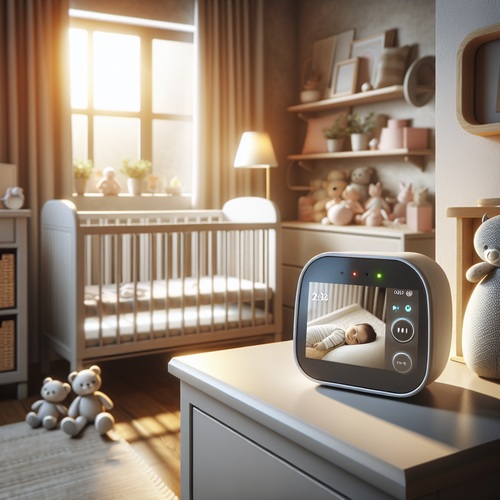 Vue d'une chambre d'enfant paisible en pleine journée, un babyphone moderne posé discrètement sur une commode