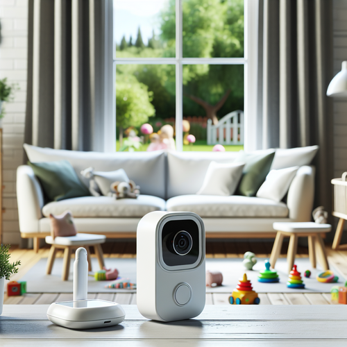 Un salon familial avec le babyphone Yoo Go+ posé près de ses jouets, moniteur visible, atmosphère paisible