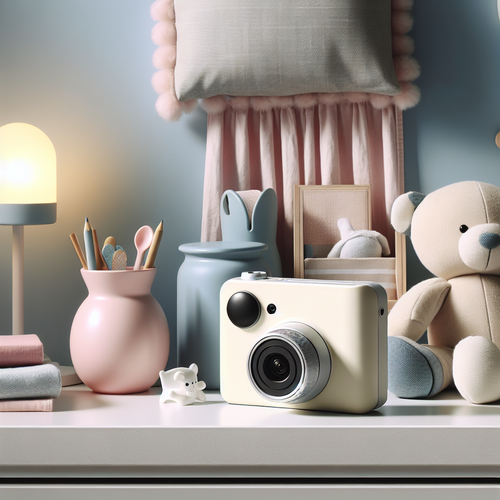Une chambre d’enfant lumineuse et apaisante, décorée de tons pastel, avec en avant-plan une petite caméra au design moderne et minimaliste posée sur une étagère près d’une peluche