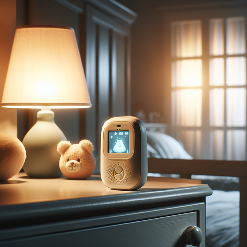 Une scène calme dans une chambre d'enfant, montrant un babyphone posé sur une commode à côté d'une veilleuse et d'une peluche. L'ambiance est douce et chaleureuse, la lumière tamisée souligne l'écran large et lumineux du babyphone allumé. Au fond, des éléments discrets évoquent un espace familial, sans mettre en avant les personnes, mais en valorisant la technologie domestique et l'environnement sécurisant.