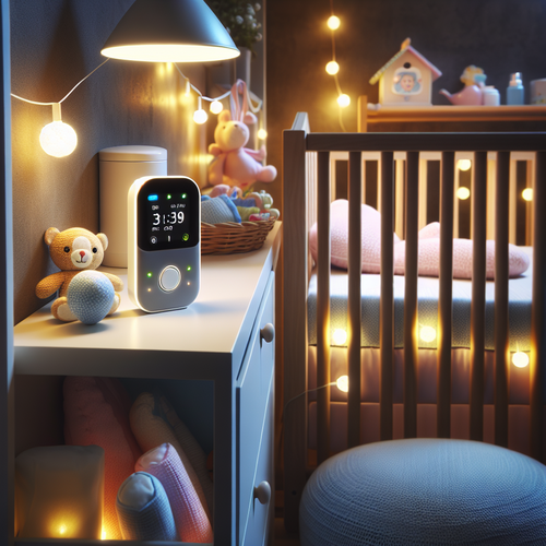 Une chambre de bébé moderne et paisible, décorée avec soin, où l’on distingue un dispositif de surveillance bébé discret posé sur une étagère près du lit à barreaux. Des veilleuses LED diffusent une douce lumière colorée, créant une ambiance rassurante et chaleureuse. Quelques peluches et objets de puériculture complètent la scène, suggérant confort et bien-être, dans une atmosphère nocturne douce.