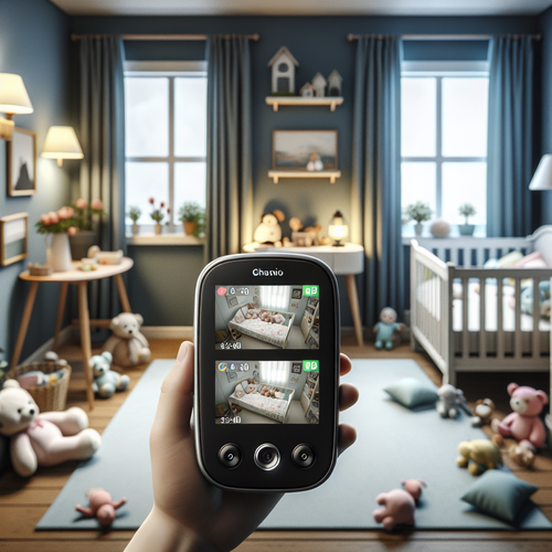 Scène d'intérieur paisible d'une maison avec deux caméras de surveillance pour bébé discrètement placées dans deux pièces différentes et moniteur parent avec grand écran HD de 5 pouces