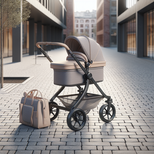 Une poussette évolutive 3 en 1 de style urbain, élégante et sobre, installée sur un trottoir de ville pavé. On y voit la nacelle moelleuse et le siège réversible, le panier généreux rempli de quelques sacs et jouets, le tout entouré d'une ambiance de quotidien familial citadin au printemps, avec un décor de bâtiments modernes et de quelques arbres en arrière-plan.