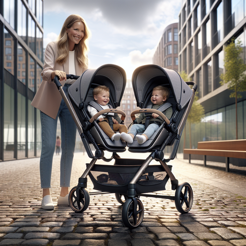 Une poussette double Hauck Atlantic Twin sur un trottoir urbain, parent souriant et accessoires en vue