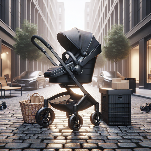 Une poussette trio Cybex EOS Basic BLK Travelsystem Aton B2 mise en scène dans un environnement urbain moderne, design noir mat, compact, roues pivotantes visibles, ambiance praticité et élégance.