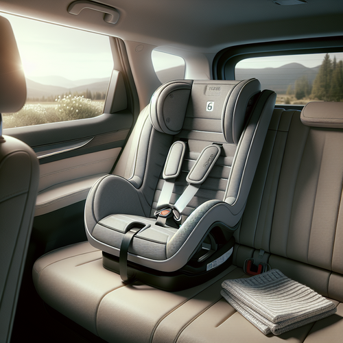 Un siège-auto moderne et épuré installé sur la banquette arrière d'une voiture familiale, mis en valeur avec un appui-tête réglable, un système Isofix visible et des protections latérales renforcées. Ambiance rassurante et propre, lumière naturelle, accessoires du quotidien autour comme une couverture pliée et une fenêtre entre ouverte. Les couleurs sont sobres et discrètes, reflétant l’aspect fonctionnel du produit.