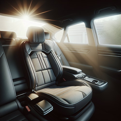 Siège auto Bebeconfort RevolveFix 360 i-Size installé dans une voiture moderne, mis en valeur par ses lignes épurées, rembourrages généreux et appui-tête ajustable. La lumière du matin met en avant l’ergonomie du système de rotation 360°.