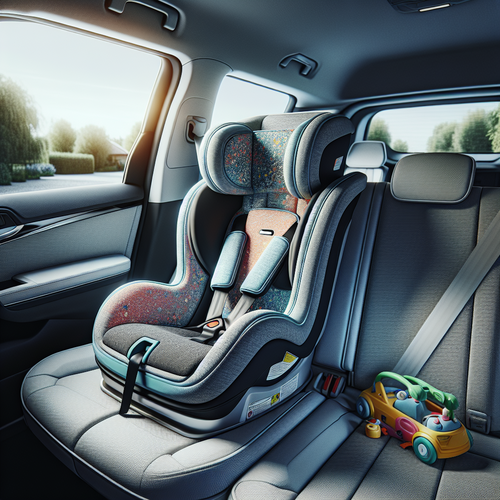 Un siège auto moderne installé dans une voiture familiale propre et lumineuse, avec des touches de couleur sur le tissu du siège, une grande fenêtre laissant passer la lumière, des jouets et des accessoires de voyage autour, et une ambiance sereine, illustrant la praticité, la sécurité et le confort pour les trajets quotidiens.