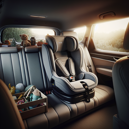 Un siège auto moderne CBX by Cybex Pallas B i-Size installé à l’arrière d’une voiture spacieuse, avec dossier moelleux, appui-tête réglable, bouclier d’impact et fixations Isofix, entouré de jouets d’enfants dans une ambiance familiale accueillante.