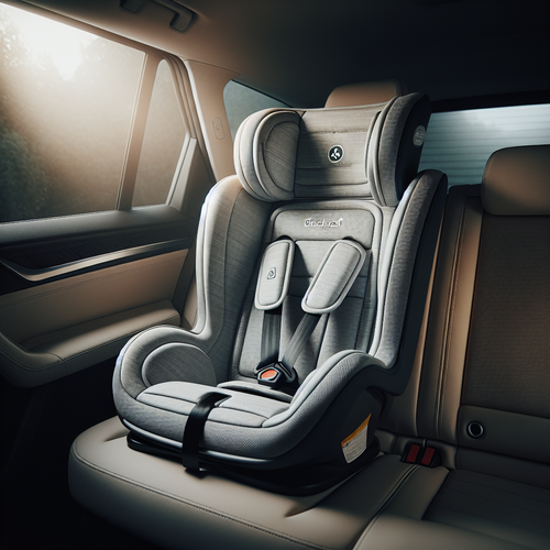 Un siège-auto Kinderkraft I-GROW i-Size installé dans une voiture familiale moderne. L’appui-tête est ajusté pour un enfant de taille moyenne, le siège est bien rembourré avec des tissus doux dans des couleurs neutres. Légère lumière naturelle à travers la vitre, ambiance sereine, la voiture est propre et ordonnée, mettant en valeur la présence du siège-auto dans l’habitacle.