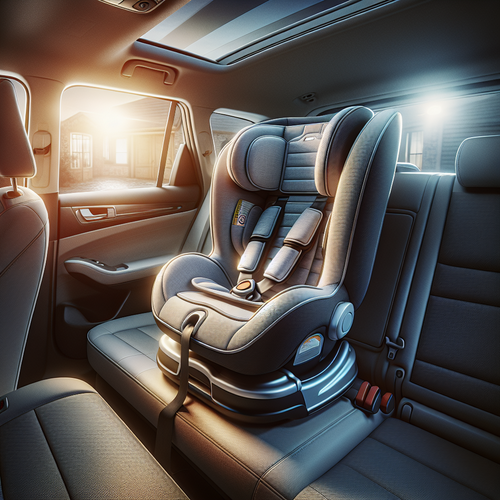 Un siège auto évolutif pour enfant installé sur la banquette arrière d’une voiture familiale, bien rembourré, harnais cinq points et système Isofix visible, ambiance sécurité et confort.