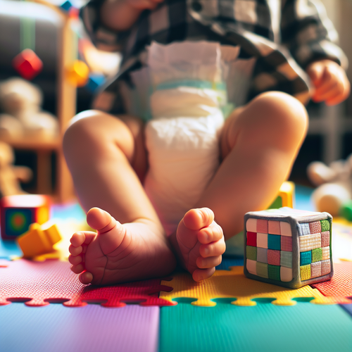Pieds de bébé en train de marcher sur un tapis de jeux coloré