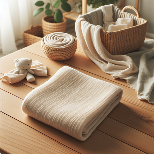 Différents types de langes bébé en coton, bambou et mousseline posés sur une table