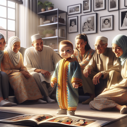 Bébé habillé en djellaba traditionnelle lors d’une célébration familiale