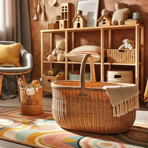 Panier en osier stylisé pour bébé entouré de textiles doux