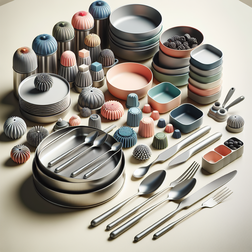 Collection d'assiettes bébé inox colorées et accessoires assortis sur une table familiale