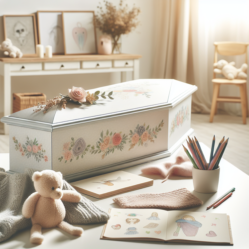 Choix et personnalisation d'un cercueil bébé - main posée sur bois clair, crayons de couleur à proximité